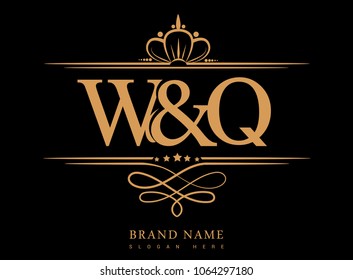 W&Q Initial logo, Ampersand initial logo gold with crown and classic pattern