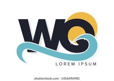 WQ letter logo with ocean waves and sunset. Beach concept design