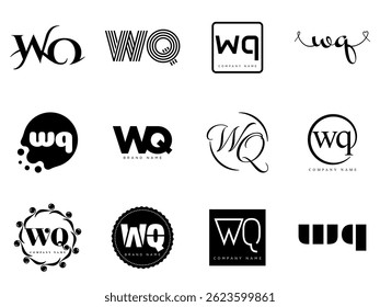 Modelo da empresa de logotipo WQ. Letra w e logotipo q. Defina diferentes letras serifas clássicas e texto em negrito moderno com elementos de design. Tipografia inicial da fonte. Coleção de identidade de negócios na moda.