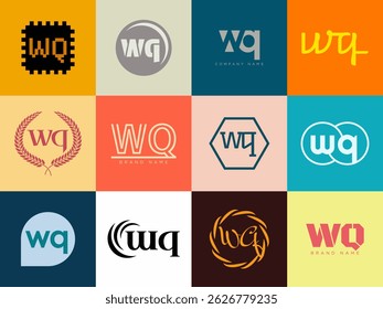 WQ logo company template. Letter w and q logotype. Set different classic serif lettering and modern bold text with design elements. Initial font typography. Collection trendy business identity.