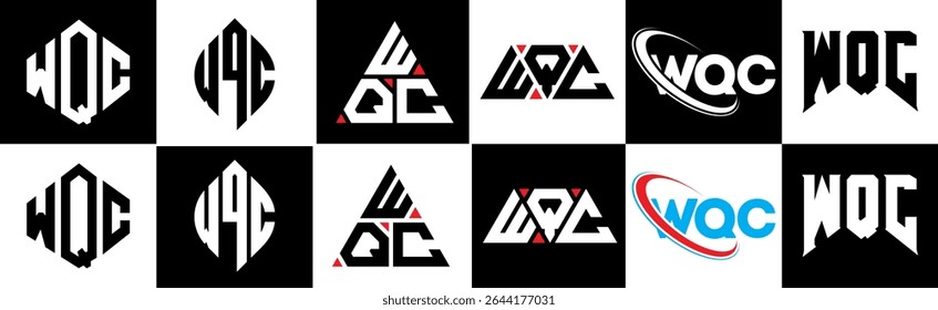 WQC letter logo design in six style. WQC polygon, circle, triangle, hexagon, flat and simple style with black and white color variation letter logo set in one artboard. WQC minimalist and classic logo