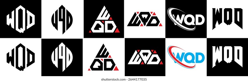 WQD letter logo design in six style. WQD polygon, circle, triangle, hexagon, flat and simple style with black and white color variation letter logo set in one artboard. WQD minimalist and classic logo