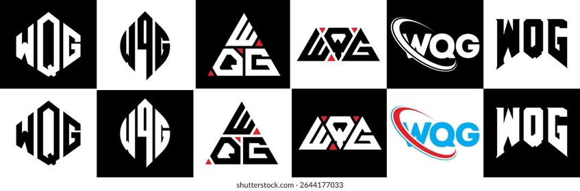 WQG letter logo design in six style. WQG polygon, circle, triangle, hexagon, flat and simple style with black and white color variation letter logo set in one artboard. WQG minimalist and classic logo