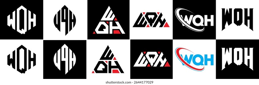 WQH letter logo design in six style. WQH polygon, circle, triangle, hexagon, flat and simple style with black and white color variation letter logo set in one artboard. WQH minimalist and classic logo