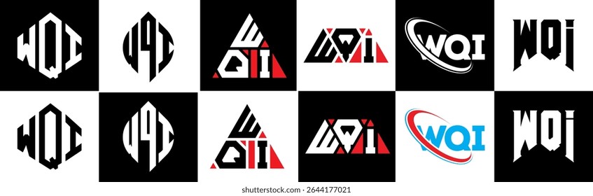 WQI letter logo design in six style. WQI polygon, circle, triangle, hexagon, flat and simple style with black and white color variation letter logo set in one artboard. WQI minimalist and classic logo