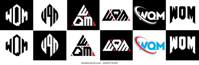 WQM letter logo design in six style. WQM polygon, circle, triangle, hexagon, flat and simple style with black and white color variation letter logo set in one artboard. WQM minimalist and classic logo