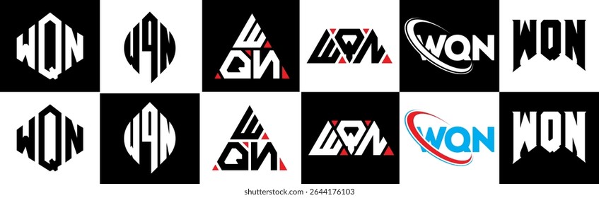 WQN letter logo design in six style. WQN polygon, circle, triangle, hexagon, flat and simple style with black and white color variation letter logo set in one artboard. WQN minimalist and classic logo