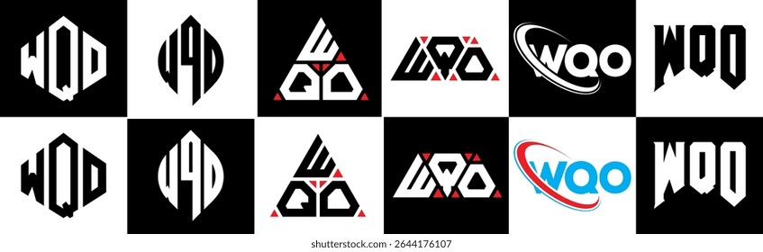 WQO letter logo design in six style. WQO polygon, circle, triangle, hexagon, flat and simple style with black and white color variation letter logo set in one artboard. WQO minimalist and classic logo