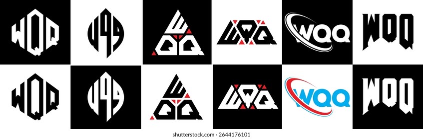 WQQ letter logo design in six style. WQQ polygon, circle, triangle, hexagon, flat and simple style with black and white color variation letter logo set in one artboard. WQQ minimalist and classic logo
