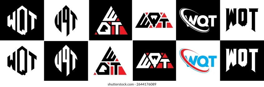 WQT letter logo design in six style. WQT polygon, circle, triangle, hexagon, flat and simple style with black and white color variation letter logo set in one artboard. WQT minimalist and classic logo