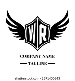 WR bold shield logo with wings, customizable with letters A to Z. Perfect for brands seeking a powerful symbol of strength, freedom, and ambition