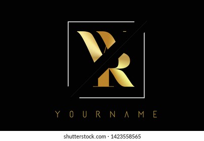 WR Golden Letter Logo with Cutted and Intersected Design and Square Frame Vector Illustration