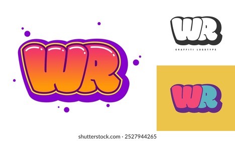 WR logo design for festival or party. Initial letter w and r in graffiti style. Creative modern lettering company name of font typography. Kids trendy logotype or identity. Vector illustration.
