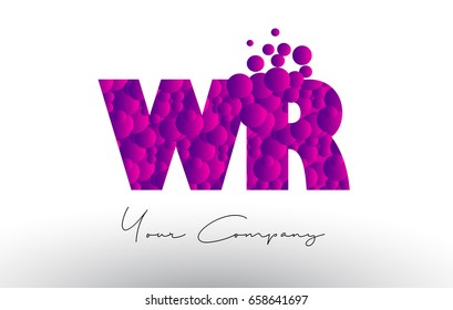 WR W R Dots Letter Logo with Purple Pink Magenta Bubbles Texture Vector.