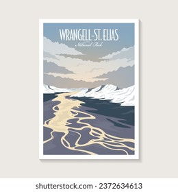 Afiche del Parque Nacional Wrangell Saint Elias, diseño de afiches sobre la montaña del hielo y el río