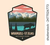 wrangell st elias national park logo patch illustration design, alaska landmark emblem style