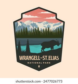 wrangell st elias national park logo parche ilustración diseño, estilo de emblema de Lugar famoso de alaska