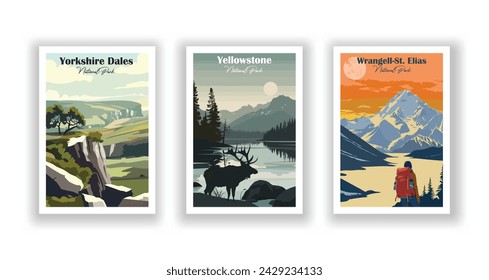 Wrangell-St. Elias, National Park. Yorkshire Dales, National Park. Yellowstone, National Park - Vintage travel poster. Vector illustration. High quality prints