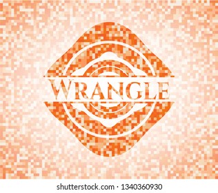 Wrangle orange tile background illustration. Square geometric mosaic seamless pattern with emblem inside.