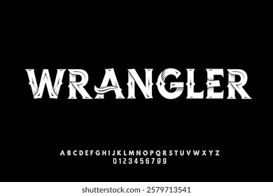 WRANGLER western font. Western Font glyphs, set of alphabet letters and number vector illustration.