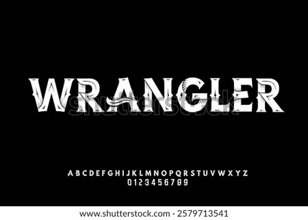 WRANGLER western font. Western Font glyphs, set of alphabet letters and number vector illustration.