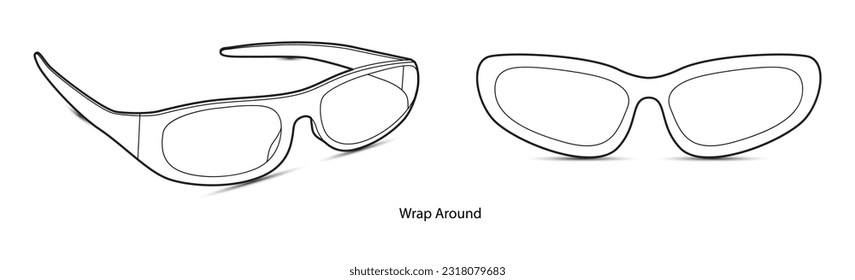 Wrap Around frame glasses fashion accessory illustration. Sunglass front and 3-4 view for Men, women, unisex silhouette style, flat rim spectacles eyeglasses with lens sketch outline isolated on white