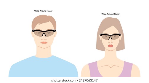 Wrap Around Racer Rahmenbrille auf Frauen und Männer flache Charakter Mode Accessoire Illustration. Sonnenbrille Vorderansicht Unisex-Silhouette-Stil, Brille Brille, Linse Skizze Stil Umriss isoliert