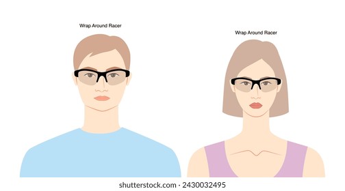 Wrap Around Racer frame glasses on women and men flat character fashion accessory illustration. Sunglass front view silhouette style, rim spectacles eyeglasses, sketch style outline isolated on white
