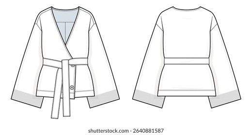 Wrap Belted Jacket Technical Fashion Illustration. Women’s Kimono-Inspired Jacket Vector Template. Front and Back View. Wide Sleeves. Waist Belt. Relaxed Fit. Minimalist Outerwear. CAD Mockup Set.