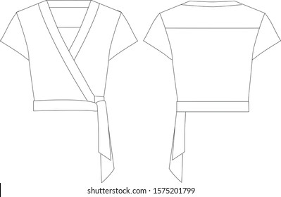 Wrap blouse with short sleeves, front and back view, vector illustrations