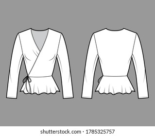 Wrap blouse technical fashion illustration with fitted silhouette, ruffled hem, long sleeves, ties at waist. Flat shirt apparel template front, back white color. Women, men unisex top CAD mockup