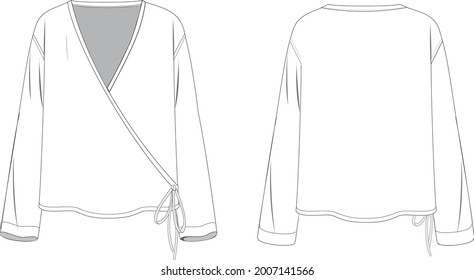 Wrap blouse v neck long sleeve cad technical drawing vector