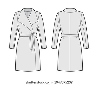 Wrap coat technical fashion illustration with tie, long sleeves, shawl lapel collar, oversized body, knee length. Flat jacket template front, back, grey color style. Women, men, unisex top CAD mockup