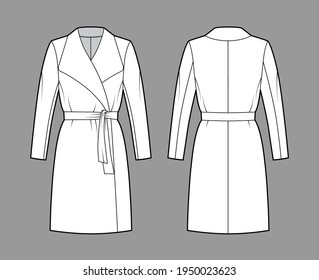 Wrap coat technical fashion illustration with tie, long sleeves, shawl lapel collar, oversized body, knee length. Flat jacket template front, back, white color style. Women, men, unisex top CAD mockup