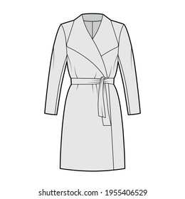 Wrap coat technical fashion illustration with tie, long sleeves, shawl lapel collar, oversized body, knee length. Flat jacket template front, grey color style. Women, men, unisex top CAD mockup