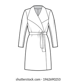 Wrap coat technical fashion illustration with tie, long sleeves, shawl lapel collar, oversized body, knee length. Flat jacket template front, white color style. Women, men, unisex top CAD mockup