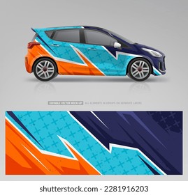 Wrap and decal design for racing car. Abstract graphics on corporate vehicle. Racing livery design. Branding on transport. Editable template