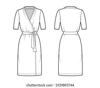 Wrap dress technical fashion illustration with deep V-neck, short sleeves, oversized, knee length, pencil cut, tie. Flat apparel template front, back, white color style. Women, men unisex CAD mockup