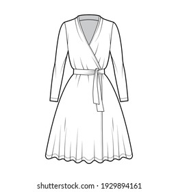 Wrap dress technical fashion illustration with deep V-neck, long sleeves, oversized, knee length, circular cut, tie. Flat apparel template front, white color style. Women, men unisex CAD mockup