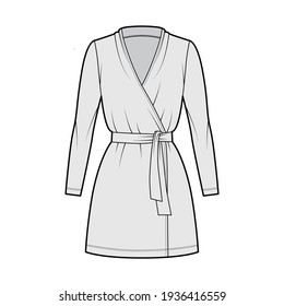 Wrap dress technical fashion illustration with deep V-neck, long sleeves, oversized, mini length, pencil cut, tie. Flat apparel template front, grey color style. Women, men unisex CAD mockup