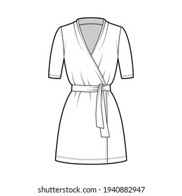 Wrap dress technical fashion illustration with deep V-neck, short sleeves, oversized, mini length, pencil cut, tie. Flat apparel template front, white color style. Women, men unisex CAD mockup