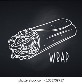 Wrap Icon, Chalkboard. Street Lunch Or Takeaway Food, Tortilla Wrap With Grilled Chicken Fillet And Fresh Vegetables , Vector Illustration.