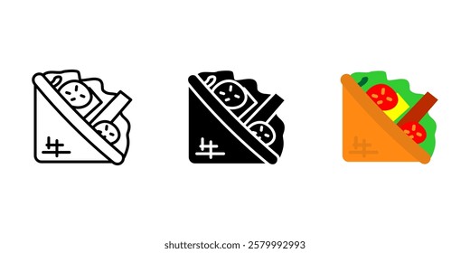 Wrap icon. Stuffed tortilla with vegetables sign. Fast food meal symbol. Tasty snack with chicken pictogram. Takeaway sandwich illustration.