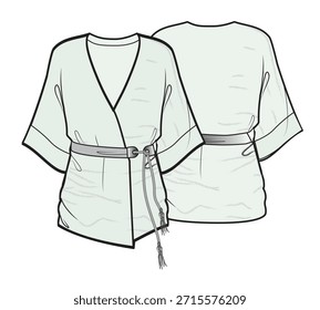 Embrulhar kimono robe design técnico plano esboço vetor modelo de maquete.