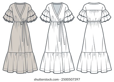 Wrap Long Dress technical fashion illustration. Ruffle Sleeve Dress fashion flat technical drawing template, drawstring waist, tiered, front and back view, white, beige, women CAD mockup set. 