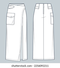 Wrap maxi Skirt technical fashion illustration. Asymmetric Denim Skirt fashion flat technical drawing template, pocket, zip-up, front and back view, white, women CAD mockup.