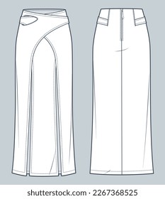 Wrap maxi Skirt technical fashion illustration.  Denim Skirt fashion flat technical drawing template, two front slits, zip-up, front and back view, white, women CAD mockup.