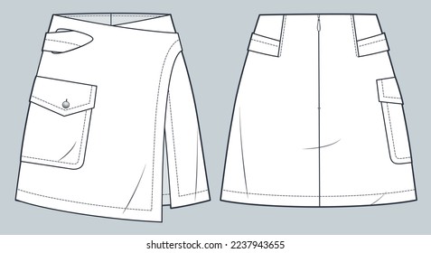 Wrap Mini Skirt technical fashion illustration. Asymmetric Skirt fashion flat technical drawing template, pocket, zip-up, front and back view, white, women CAD mockup.