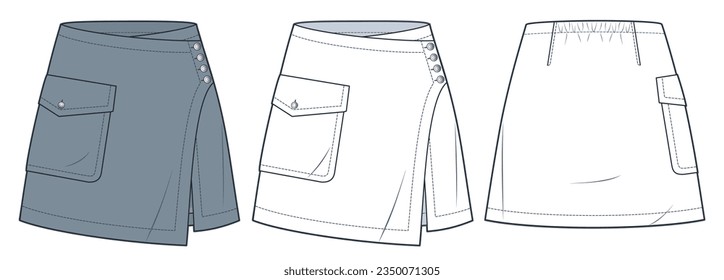 Ilustración técnica de la minifalda. Moda simétrica Skirt modelo planas de dibujo técnico, bolsillo, botones, vista frontal y trasera, blanco, gris, maquillaje CAD femenino.