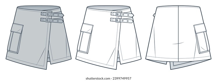 Wrap mini Skirt technical fashion illustration. Buckled Skirt fashion flat technical drawing template, A-line, pocket, front and back view, white, grey, women, men, unisex Skirt CAD mockup set.